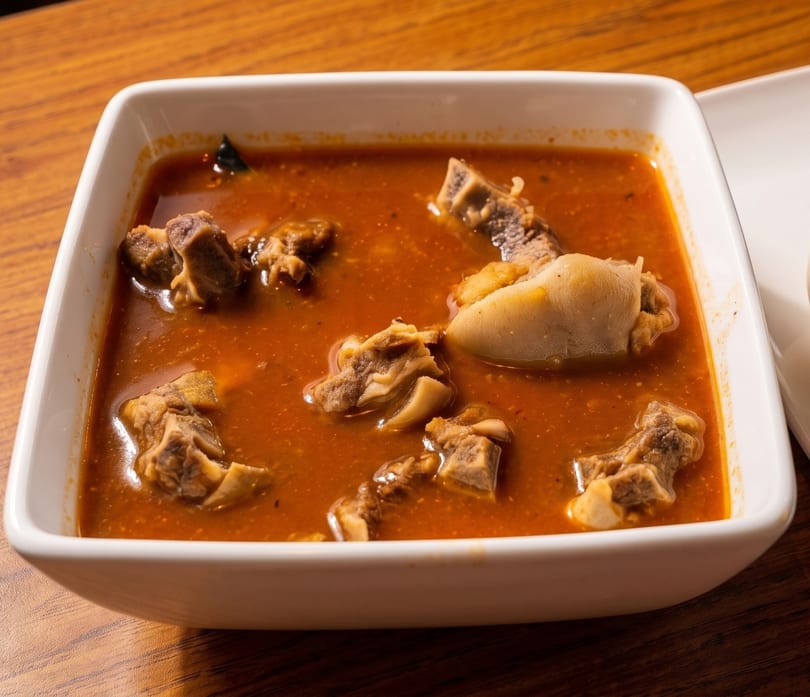 Close-up of a white square bowl filled with a rich red stew and chunks of meat.