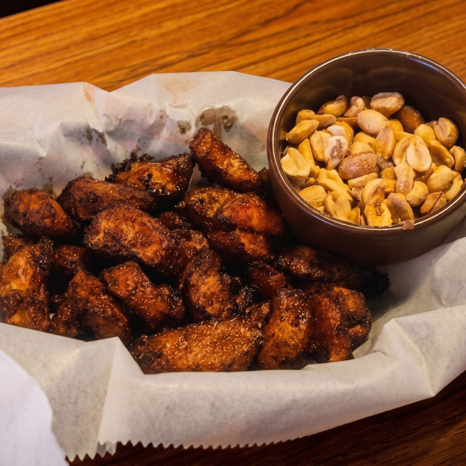 A basket of crispy chicken wings and a small bowl of peanuts on a wooden table.